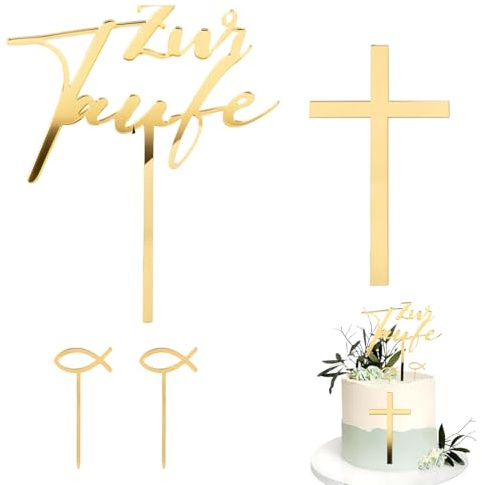 Luxorium Cake Topper Taufe 4 Stück Gold Acryl Zur Taufe Kuchen Deko Kreuz Fisch Tortenstecker für Mädchen Junge Babyshower Kommunion
