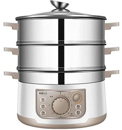 Vaporiera elettrica per alimenti con cestelli a 3 livelli, timer da 60 minuti e design compatto per una cottura sana di carni e gnocchi