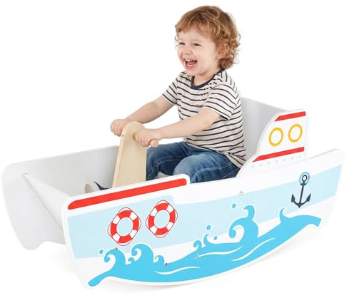 COSTWAY Gungbåt barn från 1 år, gunghäst i trä med nautisk design, björkträhandtag, brett säte och ryggstöd, 40° gungområde, gunggunggunggunggunggunga, rymmer upp till 50 kg