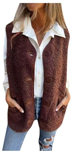 Generisch Chaleco de piel de cordero para mujer de invierno 2026 con forro polar, ropa de exterior cálida y elegante (café, L)