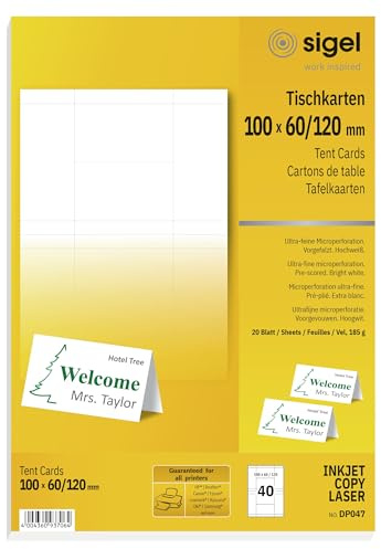 SIGEL DP047 Tischkarten Platzkarten bedruckbar 10 x 6 cm 40 St. Weiß | DP047, Vorgerillt für exakte Falzkanten auf A4-Bögen, für viele Anwendungen