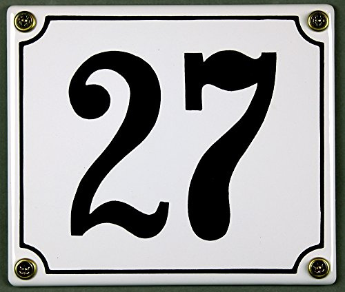 Emaille Hausnummernschild - Wählen Sie Ihre Nummer - Zahlen 1 bis 30 verfügbar - weiß/schwarz 12x12 cm und 12x14cm - sofort lieferbar! Hausnummer Schild wetterfest und lichtecht (27 weiß/schwarz 12x14cm)