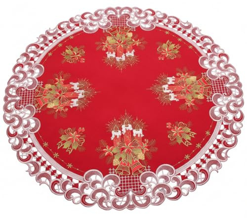 HanaQi Weihnachten Tischläufer Tischdecke Dunkelrot Leinenoptik Rot Kerzen Stickerei (ca. 85 cm Rund)