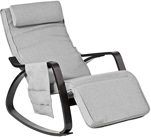 SoBuy Schaukelstuhl mit Polster, Schaukelsessel mit Kopfstütze und Verstellbarer Fußstütze, relaxsessel mit Seitentasche - Grau FST20-HG