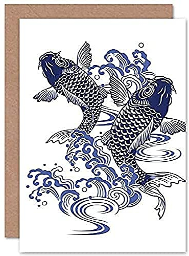 Fine Art Prints Japanese Koi Carp Illustration Greeting Card With Envelope Inside Premium Quality, Blue|beige|grey|white