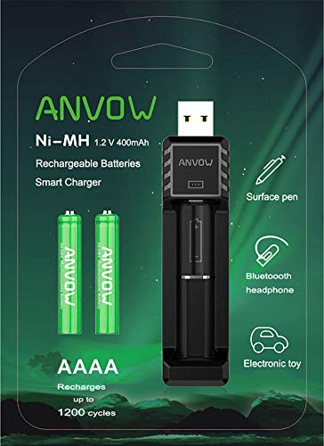 ANVOW Rechargeable AAAA Batteries for Surface Pen Active Stylus, Ni-MH 1.2V 400mAh and CP-C-001 Smart Charger Included