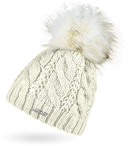 Neverless® Damen Strick-Mütze gefüttert mit Fleece Grobstrick Zopfmuster Fell-Bommel Kunstfell Bommelmütze Creme