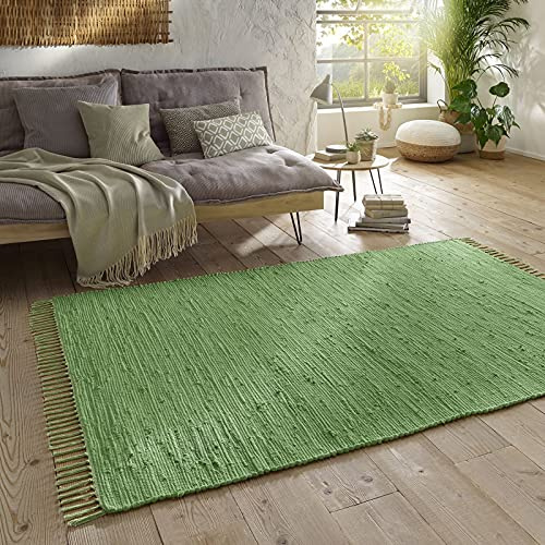 Taracarpet Handwebteppich Läufer Fleckerl Teppich Uni waschbar aus Baumwolle für Wohnzimmer und Küchenteppich 160x230 cm grün