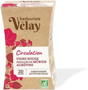 L'Herboriste du Velay - Infusion BIO Circulation - Vigne Rouge, Feuilles de Mûrier, Aubépine - Ingrédients 100% Issus de l'Agriculture Biologique - Conditionné au Puy-en-Velay - Boite de 20 Sachets