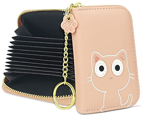 conisy Kartenetui Damen Leder,Süße Kreditkartenetui mit RFID Schutz,Klein Reißverschluss Kartenhalter Geldbörse mit Schlüsselanhänger (Rosa Katze)