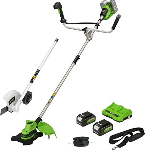 Greenworks 48V (2x24V) Decespugliatore a Batteria Brushless, Imbracatura, Ampiezza di Taglio 38cm, Filo Nylon2mm, 2x Batterie 4Ah e Caricabatterie, GD24X2BCB + Greenworks Original Tagliabordi, Lama De