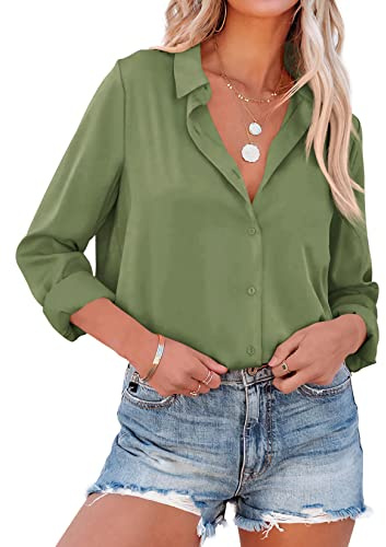 NONSAR Damblus, eleganta långa ärmar, skjortblus med ståkrage, kontorsblusar, lediga toppar, Armégrön, S