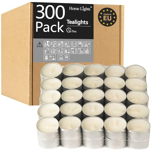 HomeLights oparfymerade vita värmeljusljus, 6 till 7 timmars bränntid rökfritt värmeljusljus, mini votive paraffinljus med bomullsvekar för shabbat, bröllop, jul, heminredning – 300 paket