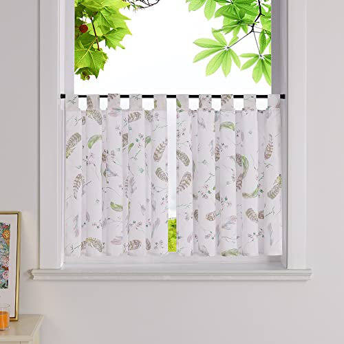 HeichkelL 2er Set Scheibengardinen Halbtransparente Bistrogardine mit Farbige Blumen- und Federmuster Landhaus Kurzstores Gardinen Weiß mit Schlaufen HöhexBreite 60x120cm