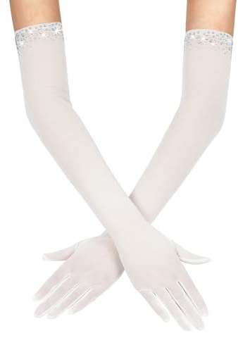 XXDingbs Women's Long Sheer Gloves Beaded Tulle Mesh Gloves for Opera Wedding Party Dance Prom White