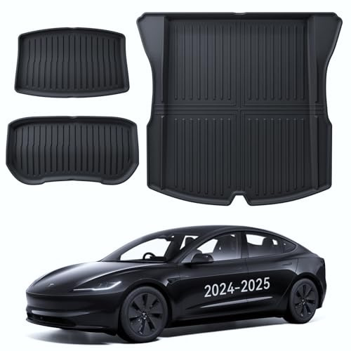 LANTU Bagagerumsmatta 3 St för Tesla Model 3 2024-2025 Allväders TPE Skyddsmatta, Bakre, Nedre och Främre Bagagerumsmatta Halkfri och Vattentät för Tesla Model 3 Highland Tillbehör