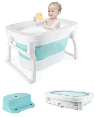 OHMG Baignoire Pliable Pour Bébé Avec Tabouret, Bain Pour Tout-petits, Bassin de Douche Portable Antidérapant Sur Pied, 0-3 Ans, Trous de Drainage