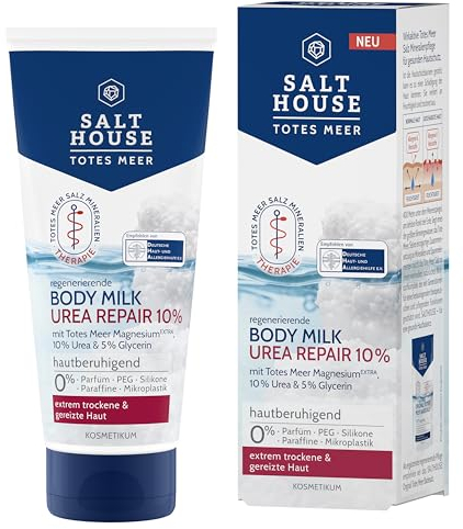 Salthouse Totes Meer Therapie Body Milk Urea Repair 10%, reichhaltige Inhaltsstoffe zur effizienten Juckreizberuhigung, für extrem trockene Haut, 200ml