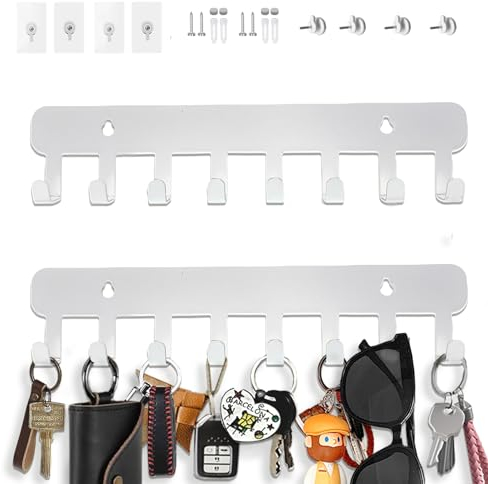 Echehi 2pcs Key Hooks Self Adhesive, Key Holder for Wall with 8 Hooks to Hang Keyrings, Coat, Umbrella, Sunglasses, Jewelry Necklaces