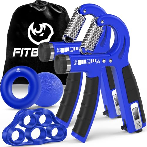 FitBeast Handtrainer Trainingsset (5-teilig), 2 Unterarmgriff Einstellbare Widerstand Handgreifer, Fingerdehner, Griffball & Stressabbau-Griffball für Athleten (Dunkelblau)