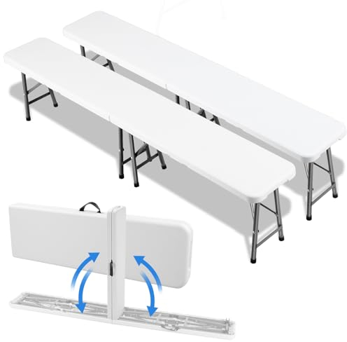 2pcs Bierbank Klappbar,Klappbank Garten,Faltbank Camping mit Tragegriff,Faltbare Campingbank 183cm,Bierzeltbank belastbar bis 400kg,Partybank aus HDPE Kunststoff en Stahlgestell,Gartenbank,Weiß