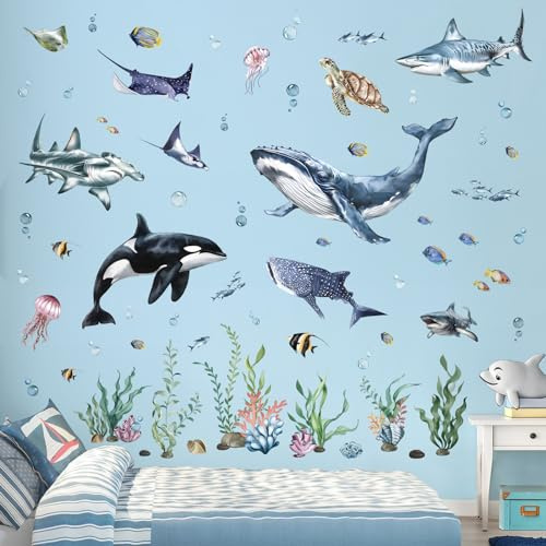 decalmile Under The Sea stora hajar väggdekaler hav fisk sköldpadda val sjögräs väggklistermärken barn sovrum vardagsrum badrum väggdekor