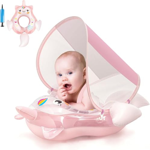 Uppblåsbar simmatta för spädbarn, babypool, flytväst för 3-12 månader baby flicka med solstol, uppblåsbar simring för spädbarn småbarn barn (rosa enhörning)