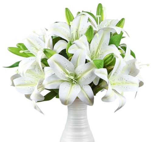 12 Pièces Fleur De Lys Artificiel Blanc, Réaliste Longue Tige Real Touch Stargazer Lily, Fausse Fleur De Lys Faux Floral Avec Des Tiges Pour Fête De Maison Table De Mariage Pièce Maîtrelle Décoration