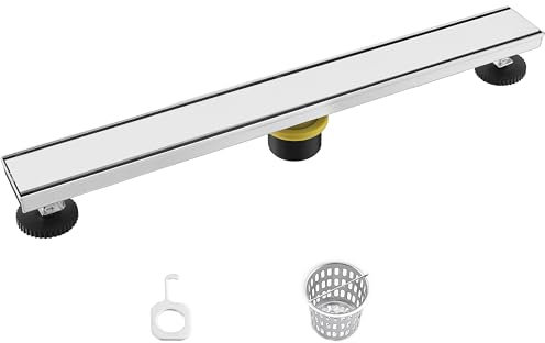 KIRLYSTONE Linearer Duschablauf, 61 cm, Edelstahl, Bodenablauf-Set mit Fliesenmuster, Ablaufabdeckung und Haarsieb, Duschablauf mit verstellbaren Füßen, gebürstetes Nickel