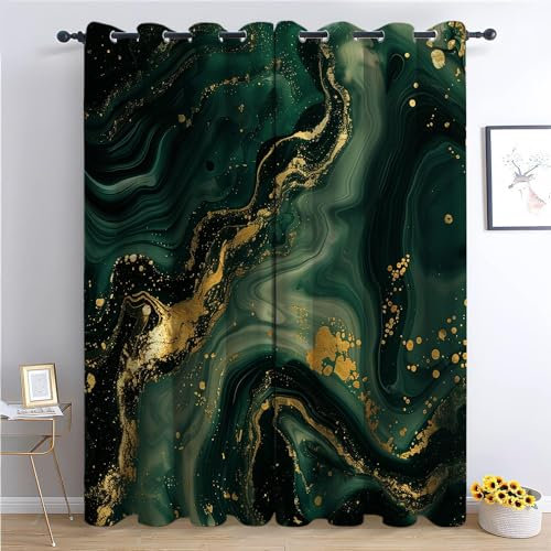 XCQHZYQ Verdunklungsvorhänge Gardinen mit Ösen Marmor Gold Dunkelgrün H 138 x B 117 cm 2er Set Blickdicht Vorhänge Weiche Schiebevorhänge für Schlafzimmer Wohnzimmer