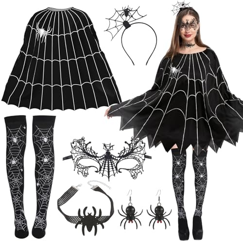 Henkodo Halloween Kostüm 6 Stück Spinne Kostüm für Damen mit Spinnennetz Poncho, Maske, Ohrringen und Haarreifen Halloween Fasching Karneval Cosplay