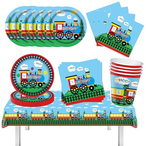 Train Birthday Party Tableware, Train Party Paper Plates for 16 Guests, 49 Pieces Birthday Party Tableware Plates Napkins Tablecloths Table Decoration for Birthday Decoration Party Tableware Set