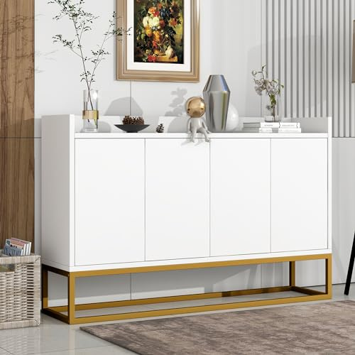 Merax Sideboard Küchenschrank mit 4 Türen, griffloser Buffet mit Arbeitsplatte, Metallrahmen, verstellbare Regale, für Esszimmer, Wohnzimmer, Küche und Flur(Weiß/30x120x80CM)