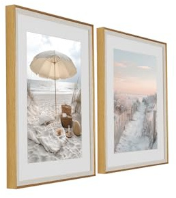 Framed Coastal Beach Wall Art Set of 2 – Tranquil Seaside Picnic and Sandy Pathway Prints with Gold Frame and White Matting, Beach House Wall Decor for Living Room, Bedroom, or Bathroom, 16x20 Inches