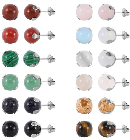 JMFENFA 12 Paar Multi natürlichen Edelstein Runde Perle Kugel Ohrstecker Gold plattiert Edelstahl Tigerauge Rosenquarz Onyx Opal Stein Ohrstecker Set für Frauen (Silver 6mm)