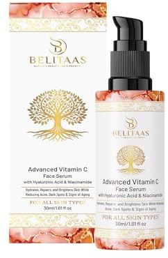 Belitaas Vitamin C Face Serum for Glowing Skin | Purest Vitamin C (L-Ascorbic Acid) with Hyaluronic Acid | Moisturizing Serum for Skin | All Skin Types | 30 ml