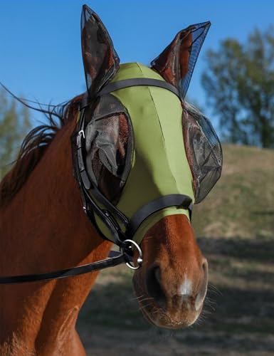 HackFond Máscara de mosca de caballo con orejas, protección UV para caballos, elasticidad con grandes cubiertas de malla para ojos, ajuste cómodo, transpirable, ligero para caballos, mazorca verde