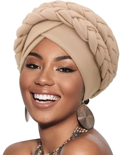 DRESHOW Afrikanischer Damen Turban Doppelt Geflecht Kopfbedeckung Kopftücher Chemo Kappe Vorgebunden Beanie Mütze Kopfwickel Schlafmütze