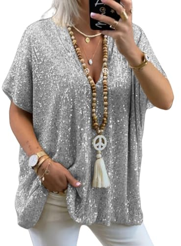 Asoodiy Damen-Pailletten-Top, glitzernd, V-Ausschnitt, kurzärmelig, Glitzer-Oberteil, Party, Club, Blusen, lockere Passform