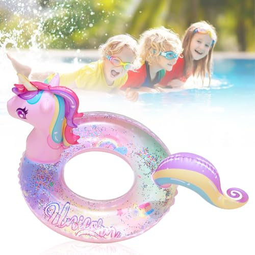 Aufblasbar Einhorn Schwimmring, Einhorn Swimming Sitting Circle, Pool Float, Schwimmtier Luftmatratze,Strand Schwimmbad Spielzeug, Sommer-Party Dekoration für Kinder 5-9