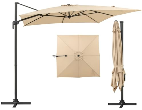 COSTWAY Sombrilla Terraza Exterior 300 x 300 cm, Parasol Jardin Descentrado Cuadrado con Rotación de 360°, Inclinación Ajustable, Base Cruzada, 8 Varillas, Sombra para Patio, Piscina o Jardín (Beige)