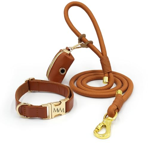 MVM Hundeleine mit Halsband & Kotbeutelspender Set - Wasserdicht & Pflegeleicht - PU Leder & Geflochtenes Nylon - Goldene Verschlüsse - Verstellbar Kleine, Mittlere & Große Hunde - [Braun,