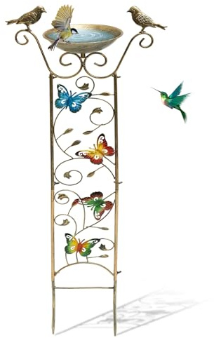 Bird Bath with Trellis Outdoor, Antique Garden Iron Plant Trellis with Decorative Butterflies Detachable Bird Bath Bowl Metal Potted Plants Support for Climbing Flowers(Butterfly)