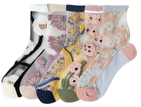 VIDSTW 5 Paia Calzini Estivi Donna Fantasia Floreale Calzini Trasparenti Donna Leggeri e Traspiranti Trasparenti Calze Taglia Unica Vari Stili per Indossabili con Abiti Gonne Pantaloncini
