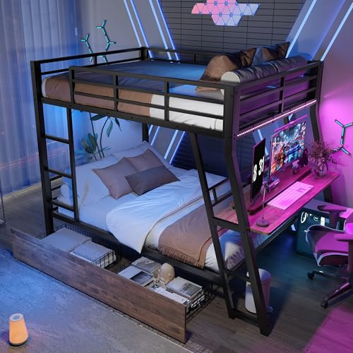 Dolamaní Letto a soppalco 140 x 200 cm in metallo con scrivania e cassetti, letto a castello per 2 persone per adulti/bambini, scala sicura, senza materasso (Nero)