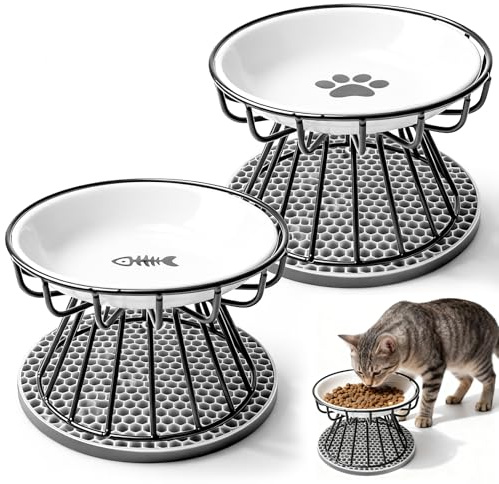 2 stycken kattskålar upphöjd i keramik med metallstativ och silikonunderlag, matskål och vattenskål set för katter, anti-kräkning ätskål, nackskydd kattskål, foderstation för små husdjur
