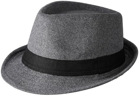 Faxianther Klassischer Herren Fedora Hut, Filzhut mit Schwarzem Band, Winter Trilby, Gangster Hüte Kurze Krempe Vintage-Stil Panama-Hut Herbst Filz Ganster-Accessoire (Grau)