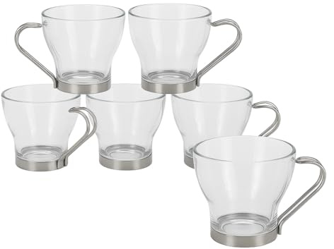 Gissed Set de 6 Tazas de Vidrio para Té y Café, 170 ml, Asas Metálicas, Uso Manual
