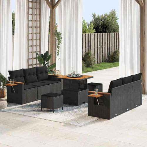 Frdhee Balkonmöbel Gartenmöbelgarnitur,Garten-Sofa-Set mit Kissen 9 pcs Schwarz Poly Rattan,Eckbankgruppe für Innen und Außen