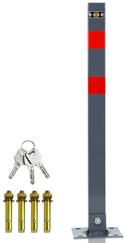 Peviasot Parkplatzsperre, Parkplatzsperre klappbar, manueller Absperrpfosten Parkpfosten Poller mit 3 Schlüsseln und 4 Dehnschrauben, Stahl Sperrpfosten mit Reflexstreifen